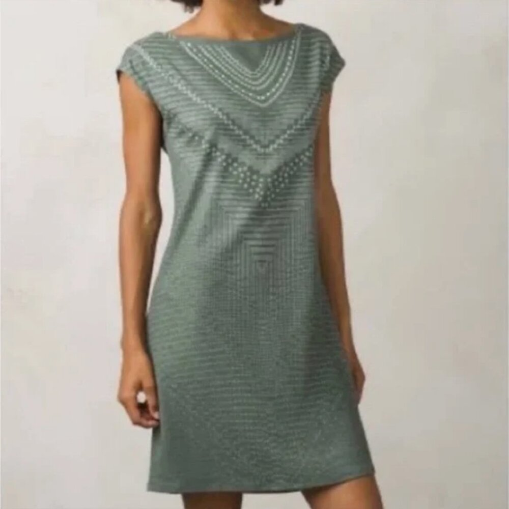 PRANA Sanna Geometric Polka Dots Sleeveless Shift Dress Sage Green